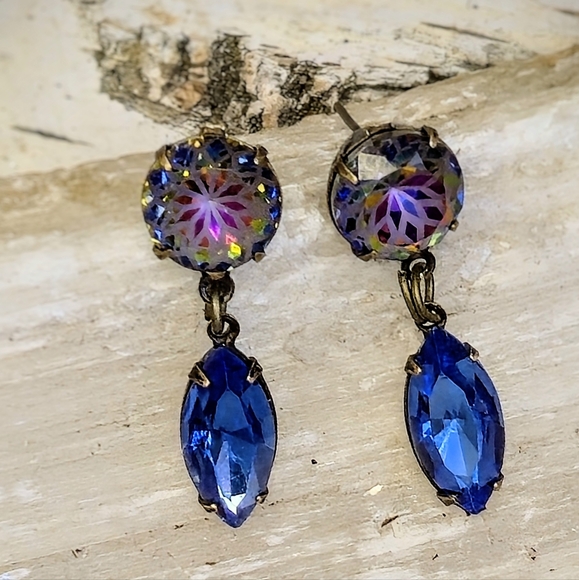 EVolcano Flower Mosaic & Blue In Two Stone Setting Drop Brass Earrings - Picture 1 of 7